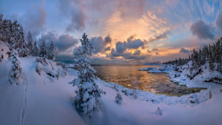 Snowy forest water cloudy sunset - sunset free wallpaper