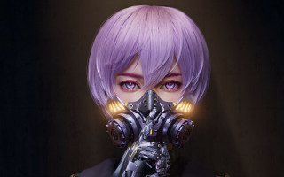 Purple hair gas mask cyberpunk - cyberpunk art free wallpaper