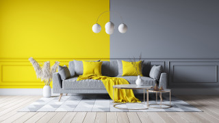 Livingroom graycouch yellowwalls whitetable vase - a white table free wallpaper