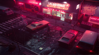 City street neon lights cars - photorealistic lighting free wallpaper