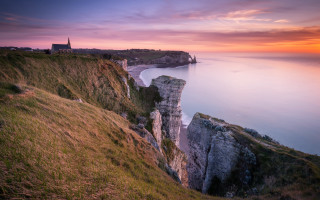 Cliff water church sunset mountains - a church free wallpaper