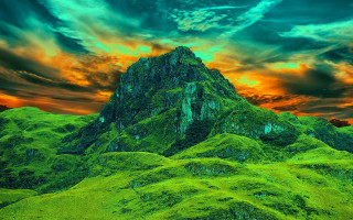 Mountain green field red sky - a green field free wallpaper