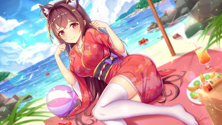 Woman red dress beach palm - sots art free wallpaper