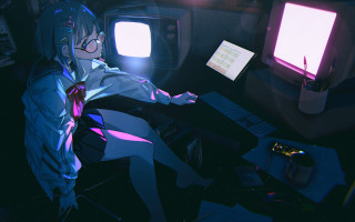 Cyberpunk anime girl sitting desk - beeple free wallpaper