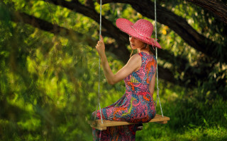 Woman pinkhat swing park impressionist - impressionist free wallpaper