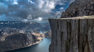 Cliff overlook lake mountains cloudy - cloudy free wallpaper