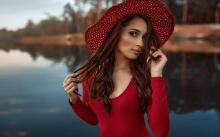 Woman red dress hat lake - a red hat free wallpaper