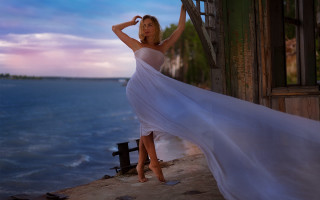 Woman white dress pier ocean 2 - the wind free wallpaper
