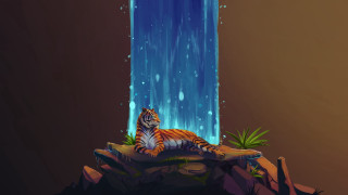 Tiger rock waterfall plant fantasy - a tiger free wallpaper