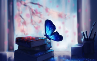 Blue butterfly over books spring 2 - a storybook illustration free wallpaper for desktop