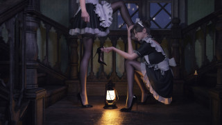 Gothic maid portrait two women - a staircase free wallpaper