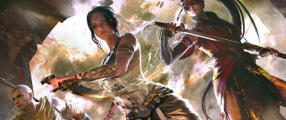 Fantasy women swords armor magic - their hand and a man holding free wallpaper