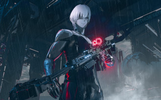 Futuristic girl cyberpunk weapon rain - their face free wallpaper