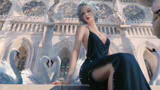 Woman black dress sitting swan - a ledge next free wallpaper