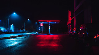 Gas station night cyberpunk motorcycle - a gas station free wallpaper