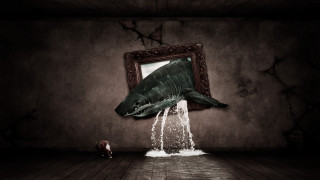 Shark jumping room puddle mirror - a surrealist painting free wallpaper