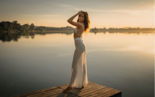 Woman white dress lake sunset - impressionist free wallpaper