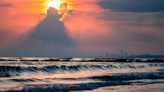 Sunset ocean cloud city boat - crepuscular ray free wallpaper