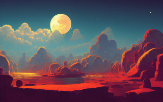 Moon rocks water landscape fantasy - a painting of a landscape free wallpaper