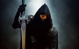 Dark swordsman glowing eye night - a black outfit holding free wallpaper
