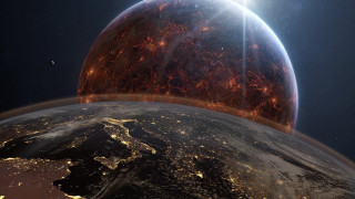 Red yellow planet star milkyway - matte painting free wallpaper for desktop