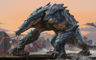 Giant dinosaur cityscape man suit - sots art free wallpaper