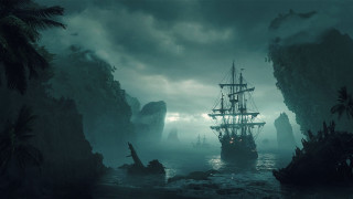Pirate ship dark sea mountain - fog free wallpaper
