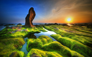 Rock formation green field water - a green field free wallpaper