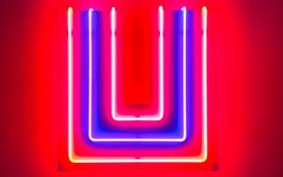 Neon sign red blue rectangles - de stijl free wallpaper