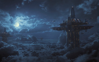 Futuristic cloud city night fullmoon - matte painting concept art free wallpaper