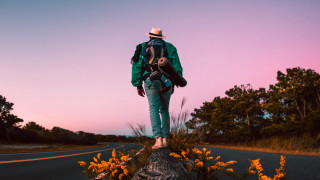 Walking log sunset backpack autumn - the side of a road free wallpaper