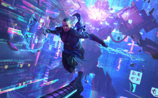 Futuristic man flying cyberpunk city - a futuristic suit free wallpaper