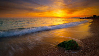 Sunset ocean wave rock beach - a sunset over the ocean free wallpaper
