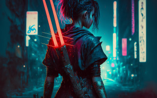 Woman neon lightsabers cyberpunk city - a dark city free wallpaper