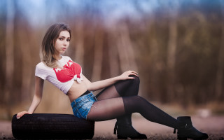 Woman white shirt black stockings 8 - a tire free wallpaper