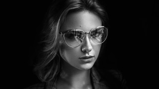 Woman glasses jacket blackandwhite portrait - glass free wallpaper