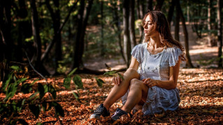 Woman sitting woods blurry background - the wood free wallpaper