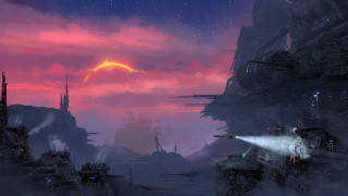 Futuristic city red sun clouds - matte painting concept art free wallpaper