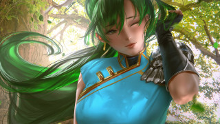 Green hair blue dress forest - green hair free wallpaper