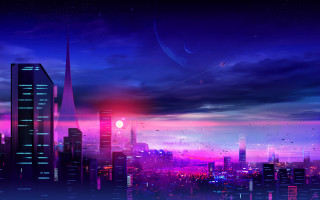 City skyline bright red light - the top of the building free wallpaper