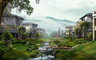 River park hillside urban nature - tall building free wallpaper