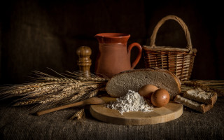 Bread basket still life tablecloth - a basket free wallpaper