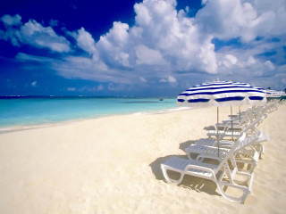 Beach white chairs umbrella blue - dennis ashbaugh free wallpaper for desktop