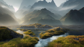Mountain range river forest sunset - a painting of a mountain range free wallpaper