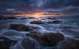 Sunset ocean rocks cloudy sky 8 - derold page free wallpaper