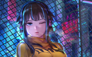 Cyberpunk woman fence blue background - a fence free wallpaper