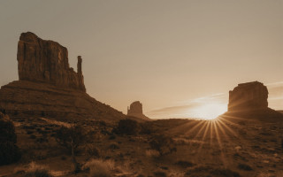 Sunset desert rocks trees mountain - alson s. clark free wallpaper