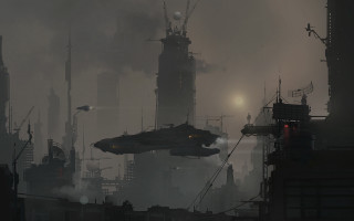Futuristic city ship smoke military - darek zabrocki free wallpaper
