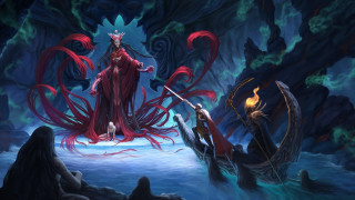 Woman sword rock cave demon - a painting of a woman free wallpaper