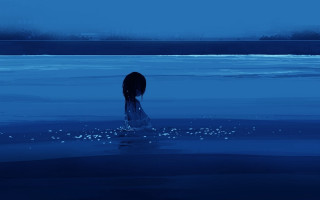 Blue ocean night bird beach - atey ghailan free wallpaper
